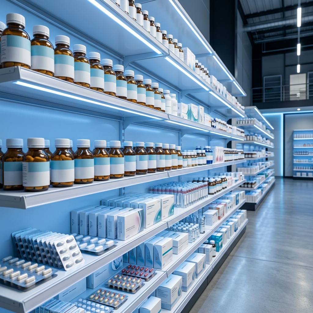 Pharmaceutical product supply — rows of medicine on shelves